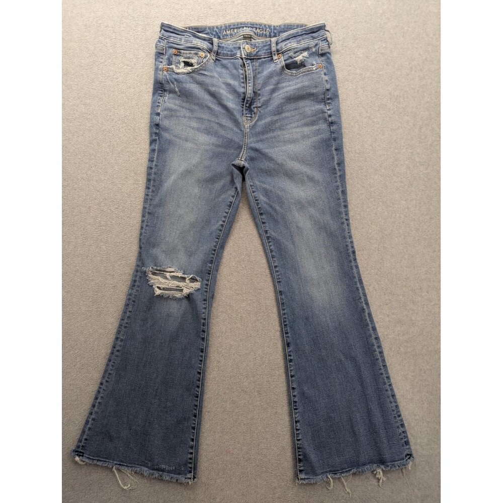 American Eagle Jeans Womens 10 Blue Super Hi Rise Flare Distressed Stretch Denim